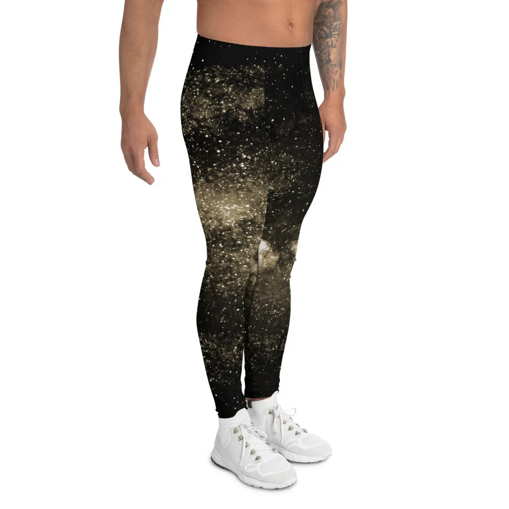 Golden Galaxy Men's Leggings, Pale Yellow Constellation Running Tights For Men-Made in USA/EU