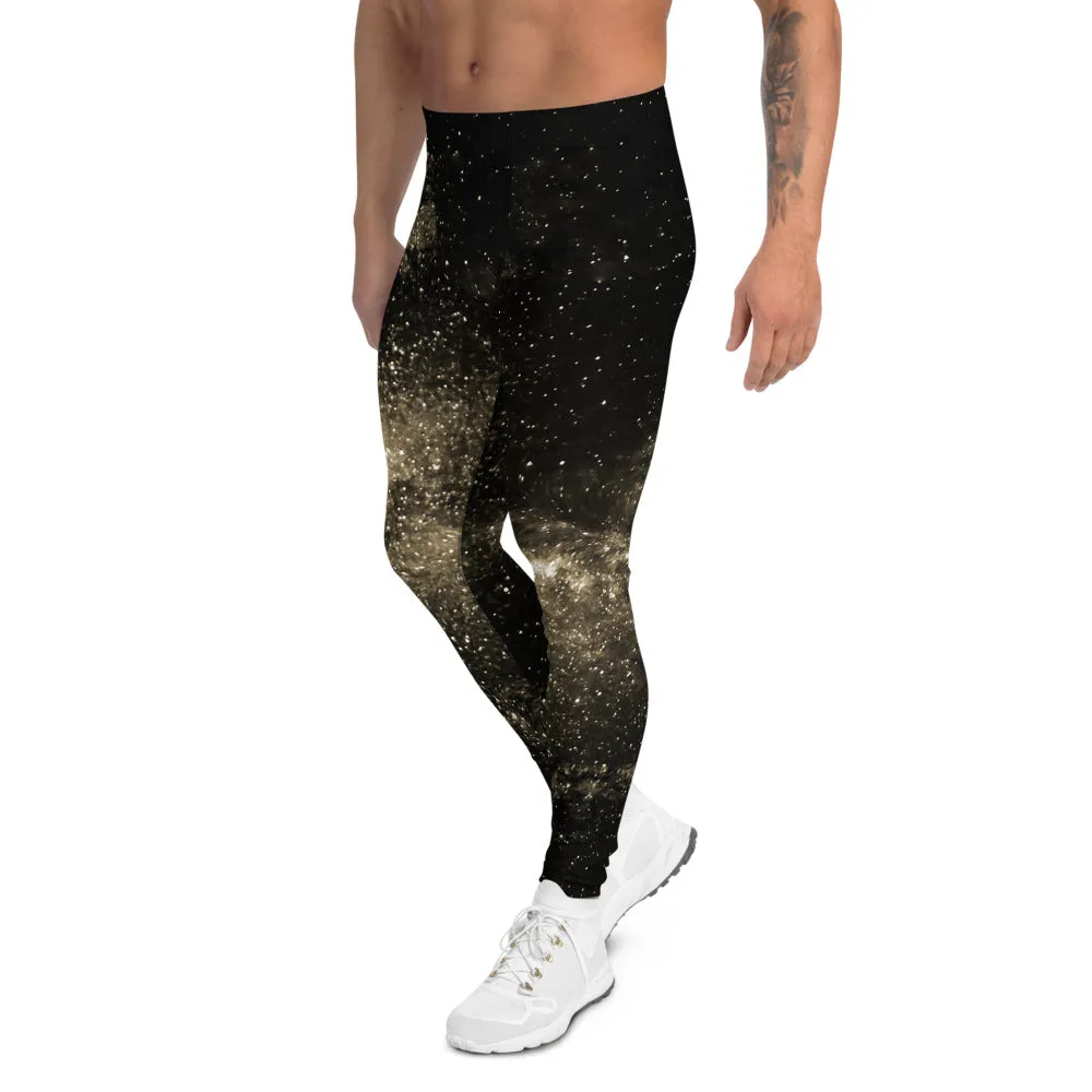 Golden Galaxy Men's Leggings, Pale Yellow Constellation Running Tights For Men-Made in USA/EU