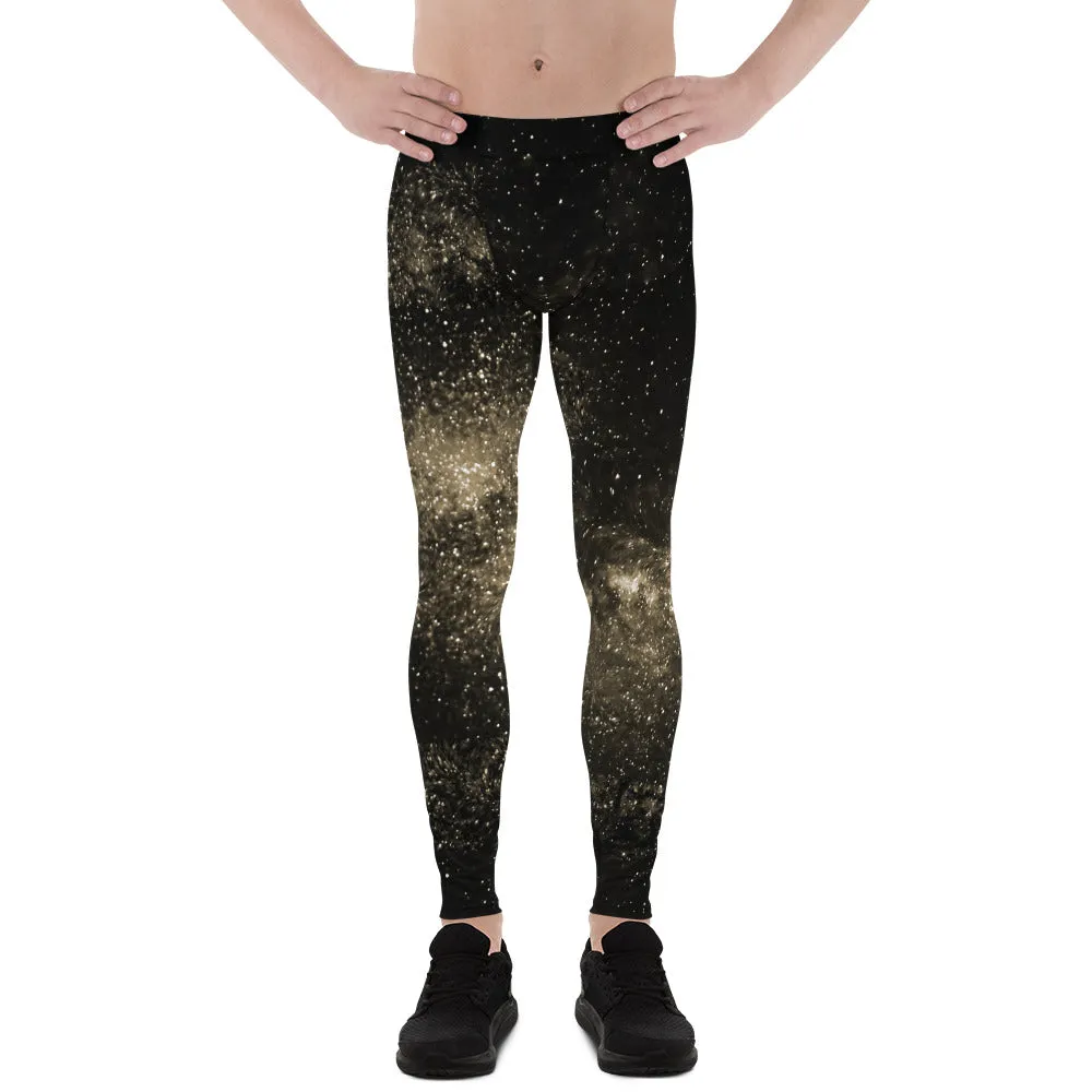 Golden Galaxy Men's Leggings, Pale Yellow Constellation Running Tights For Men-Made in USA/EU