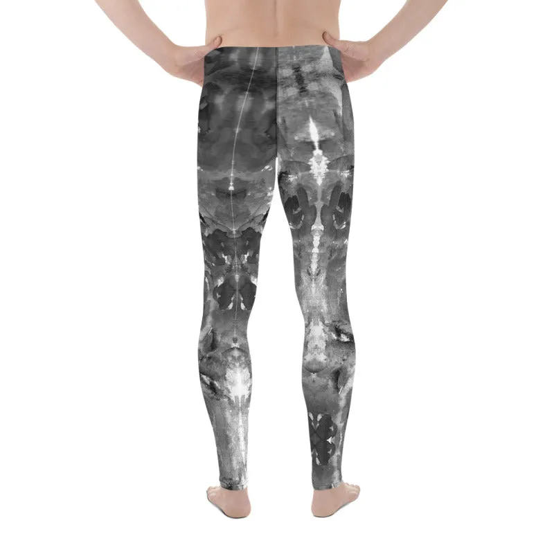 Gray Rose Men's Leggings, Floral Print Abstract Meggings Running Tights-Made in USA/EU