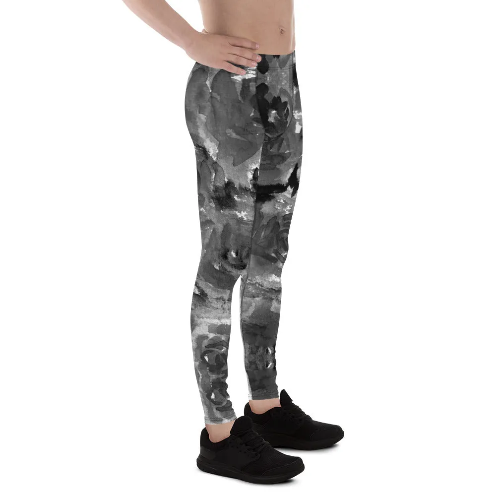 Gray Rose Men's Leggings, Floral Print Abstract Meggings Running Tights-Made in USA/EU