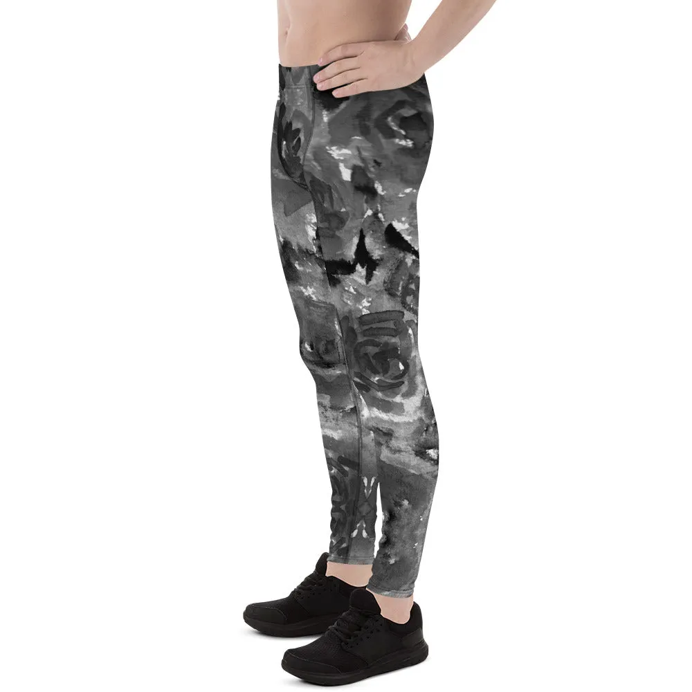 Gray Rose Men's Leggings, Floral Print Abstract Meggings Running Tights-Made in USA/EU