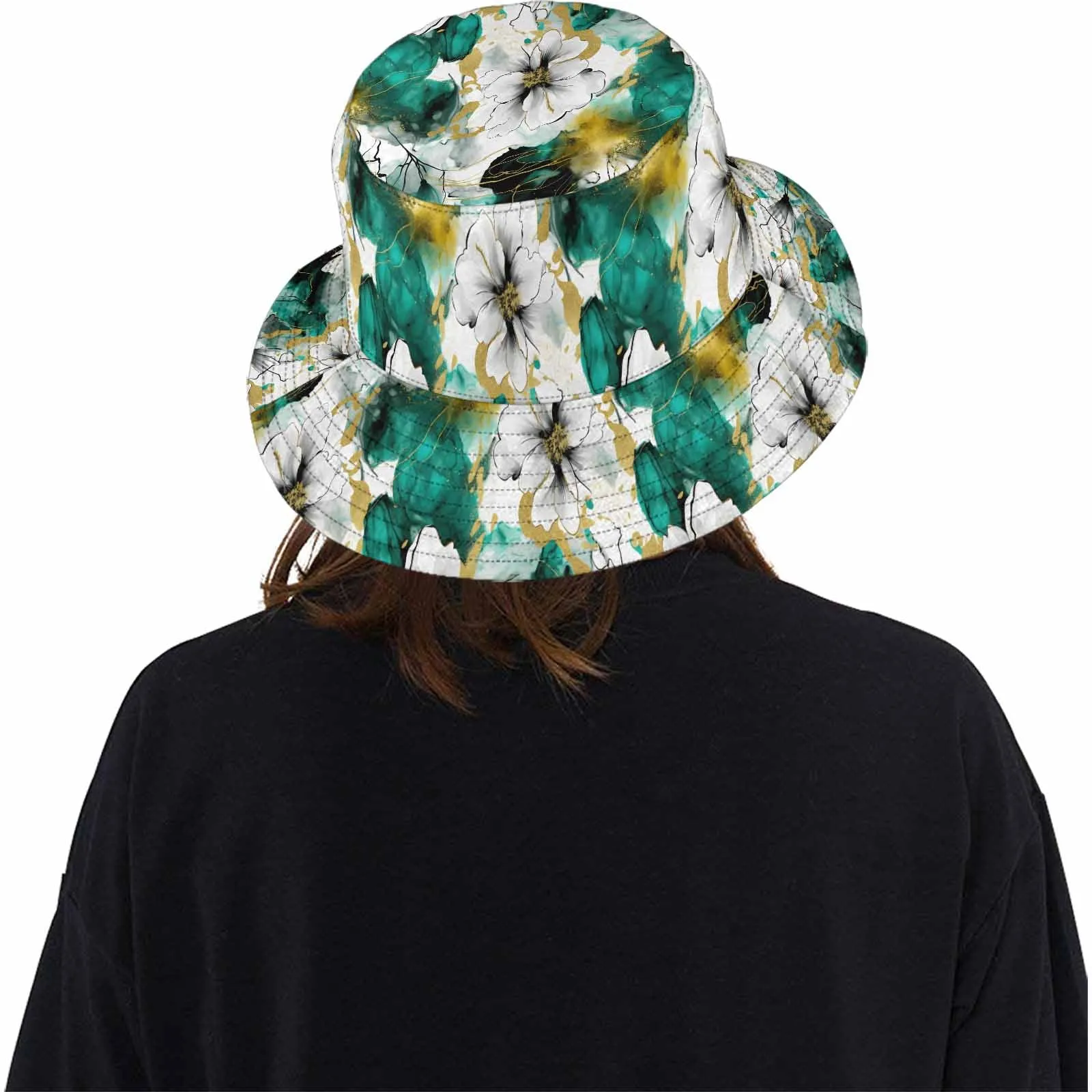 Green and White Ink Floral  Unisex Summer Single-Layer Bucket Hat