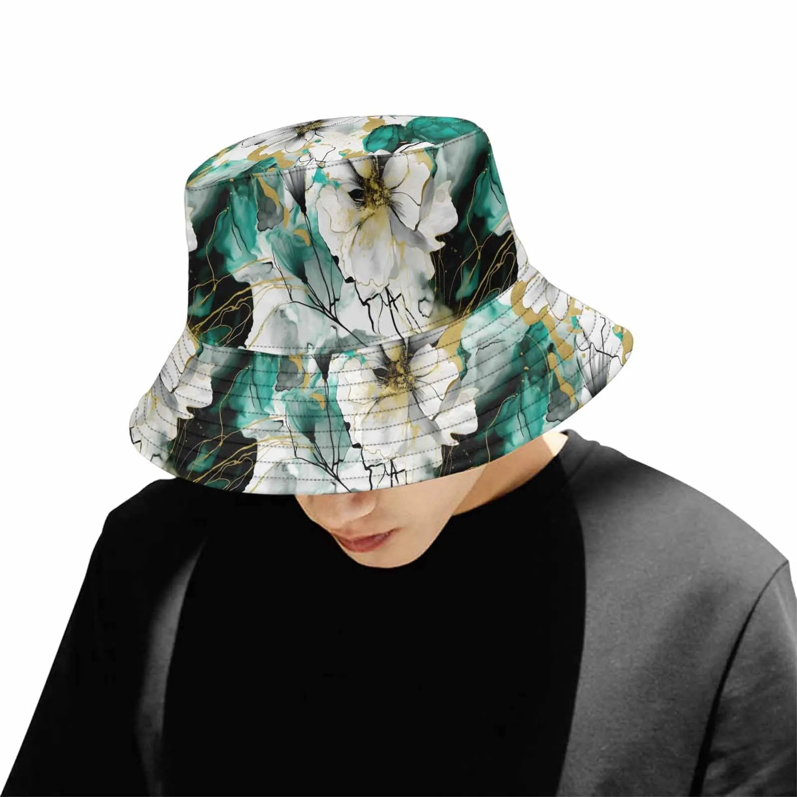 Green and White Ink Floral  Unisex Summer Single-Layer Bucket Hat