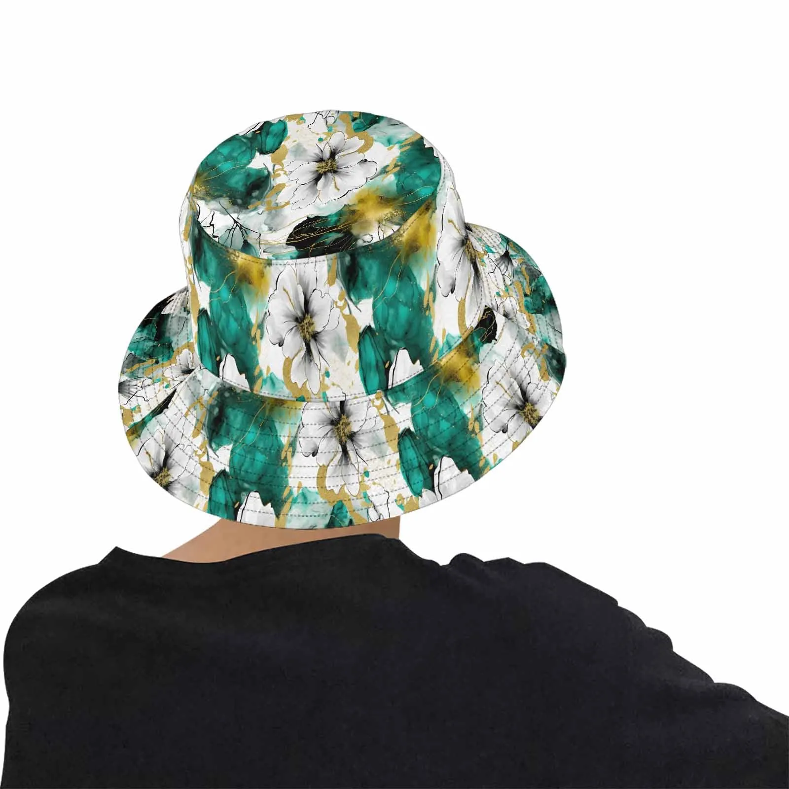 Green and White Ink Floral  Unisex Summer Single-Layer Bucket Hat