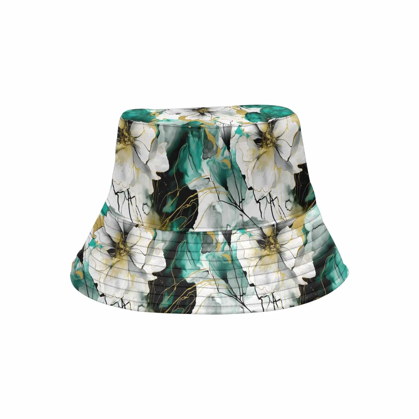 Green and White Ink Floral  Unisex Summer Single-Layer Bucket Hat