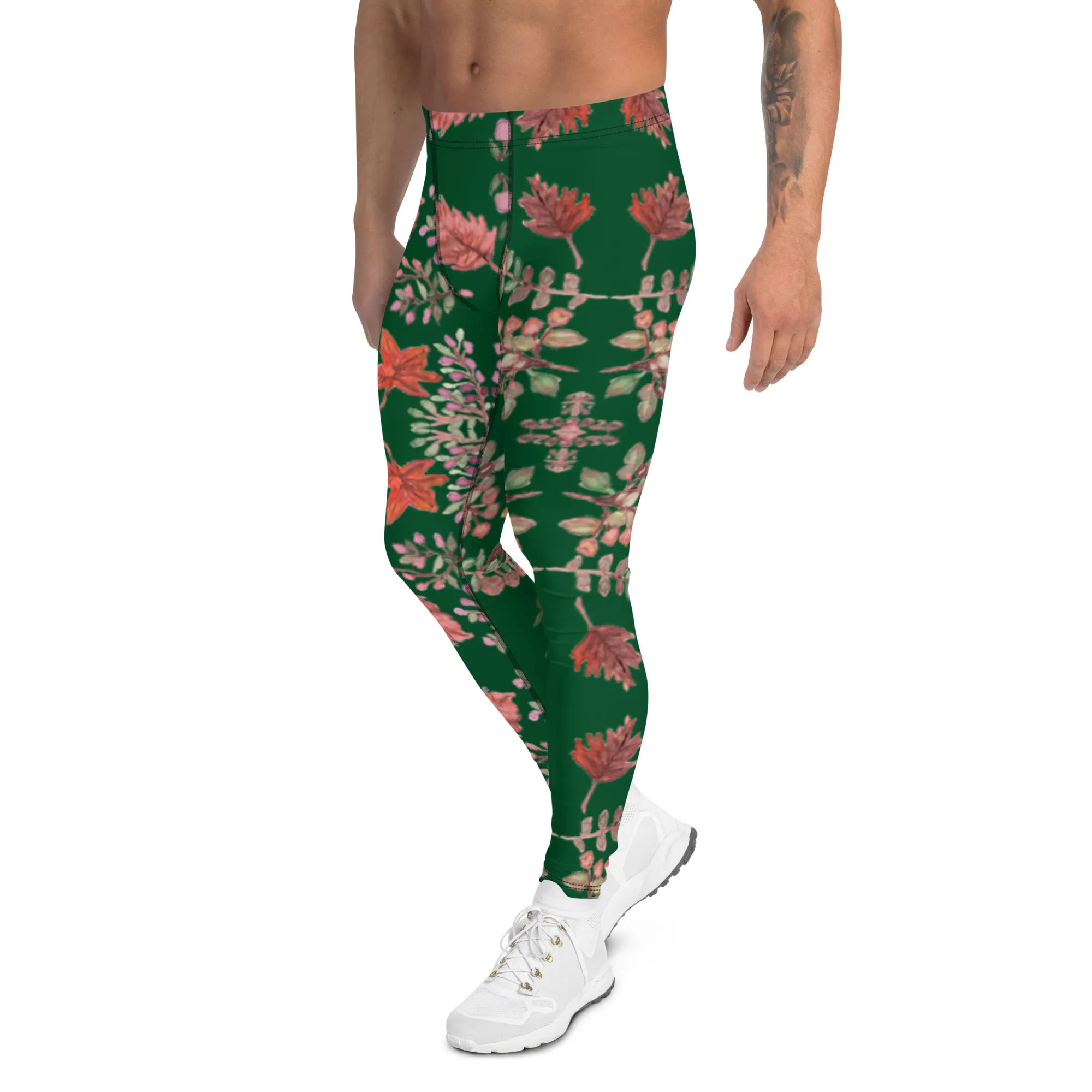 Green Fall Leaves Men's Leggings, Fall Leaves Leggings For Men, Autumn Leaf Leggings- Made in USA/EU/MX