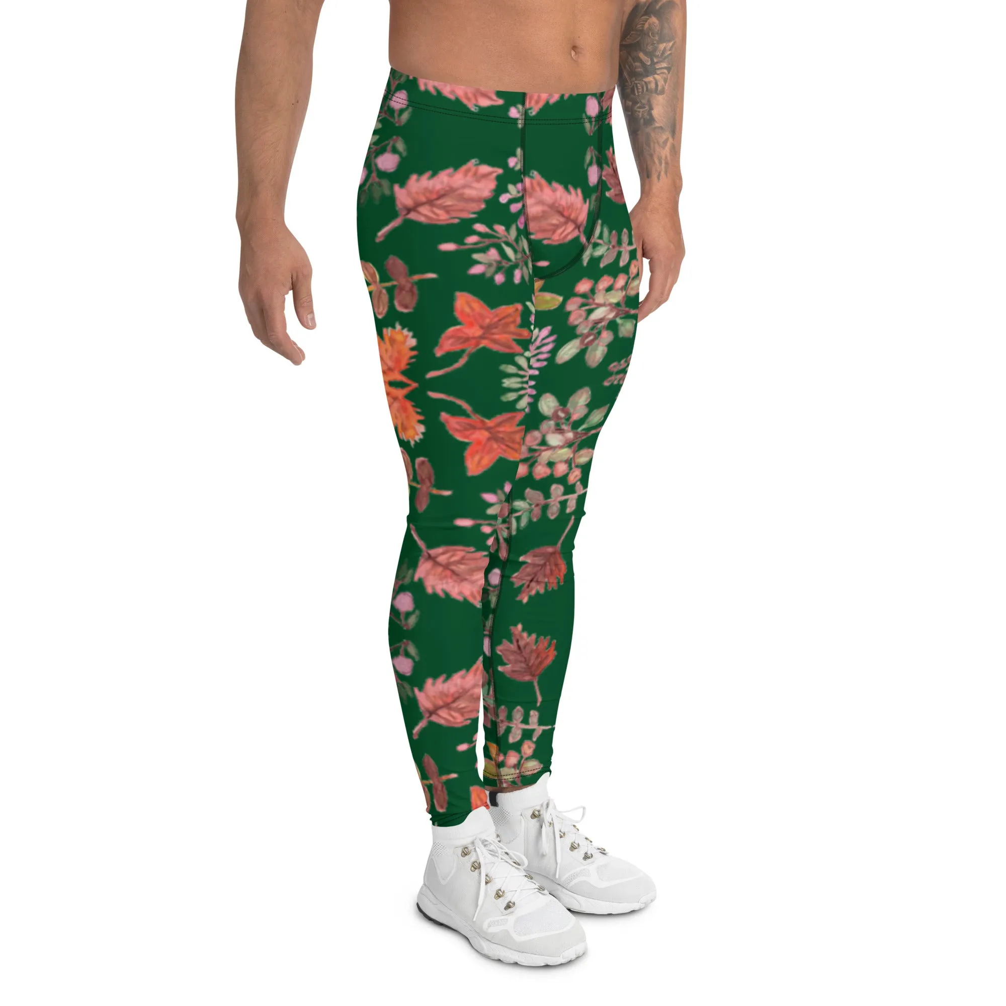 Green Fall Leaves Men's Leggings, Fall Leaves Leggings For Men, Autumn Leaf Leggings- Made in USA/EU/MX