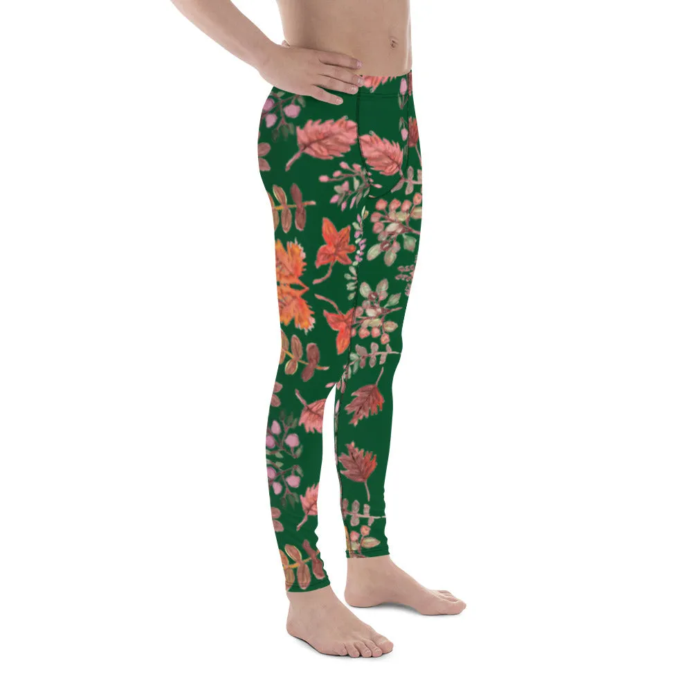 Green Fall Leaves Men's Leggings, Fall Leaves Leggings For Men, Autumn Leaf Leggings- Made in USA/EU/MX