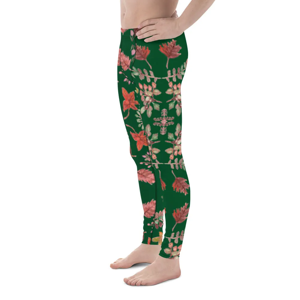 Green Fall Leaves Men's Leggings, Fall Leaves Leggings For Men, Autumn Leaf Leggings- Made in USA/EU/MX