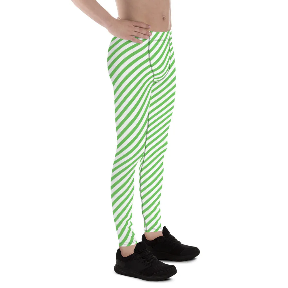 Green White Striped Meggings, Diagonal Striped Compression Tights For Men - Made in USA/EU/MX