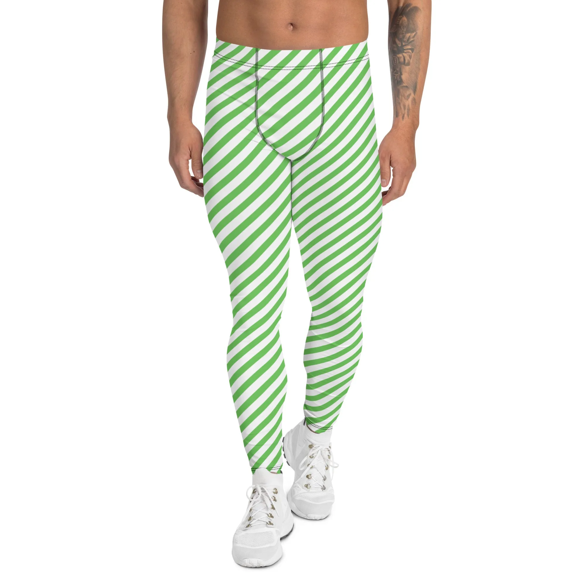 Green White Striped Meggings, Diagonal Striped Compression Tights For Men - Made in USA/EU/MX