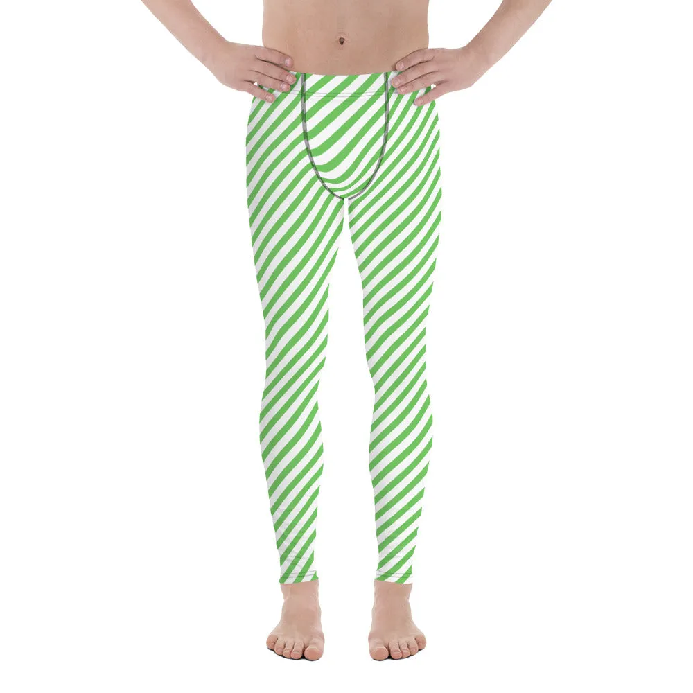 Green White Striped Meggings, Diagonal Striped Compression Tights For Men - Made in USA/EU/MX