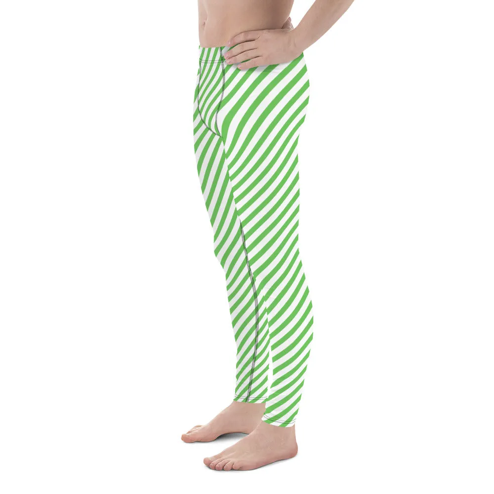 Green White Striped Meggings, Diagonal Striped Compression Tights For Men - Made in USA/EU/MX