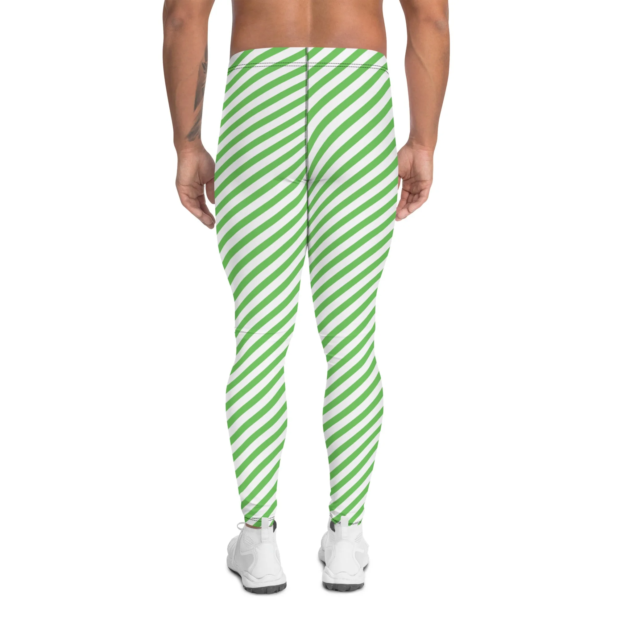 Green White Striped Meggings, Diagonal Striped Compression Tights For Men - Made in USA/EU/MX