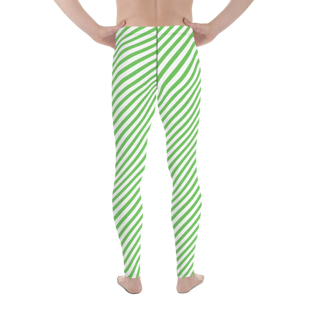 Green White Striped Meggings, Diagonal Striped Compression Tights For Men - Made in USA/EU/MX