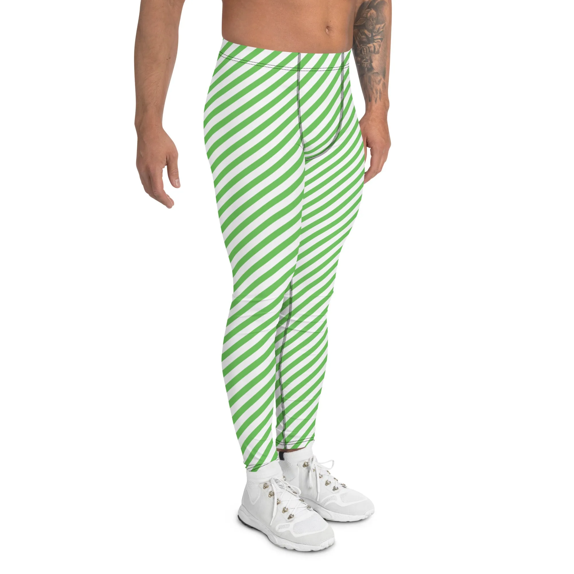 Green White Striped Meggings, Diagonal Striped Compression Tights For Men - Made in USA/EU/MX