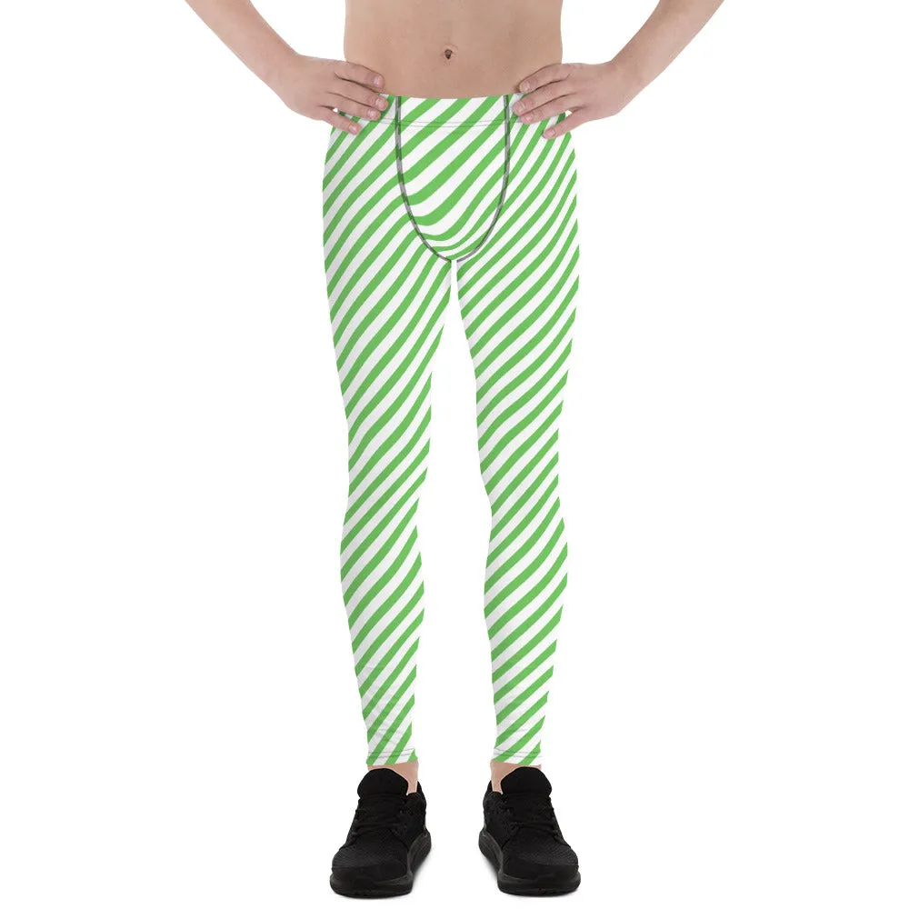 Green White Striped Meggings, Diagonal Striped Compression Tights For Men - Made in USA/EU/MX