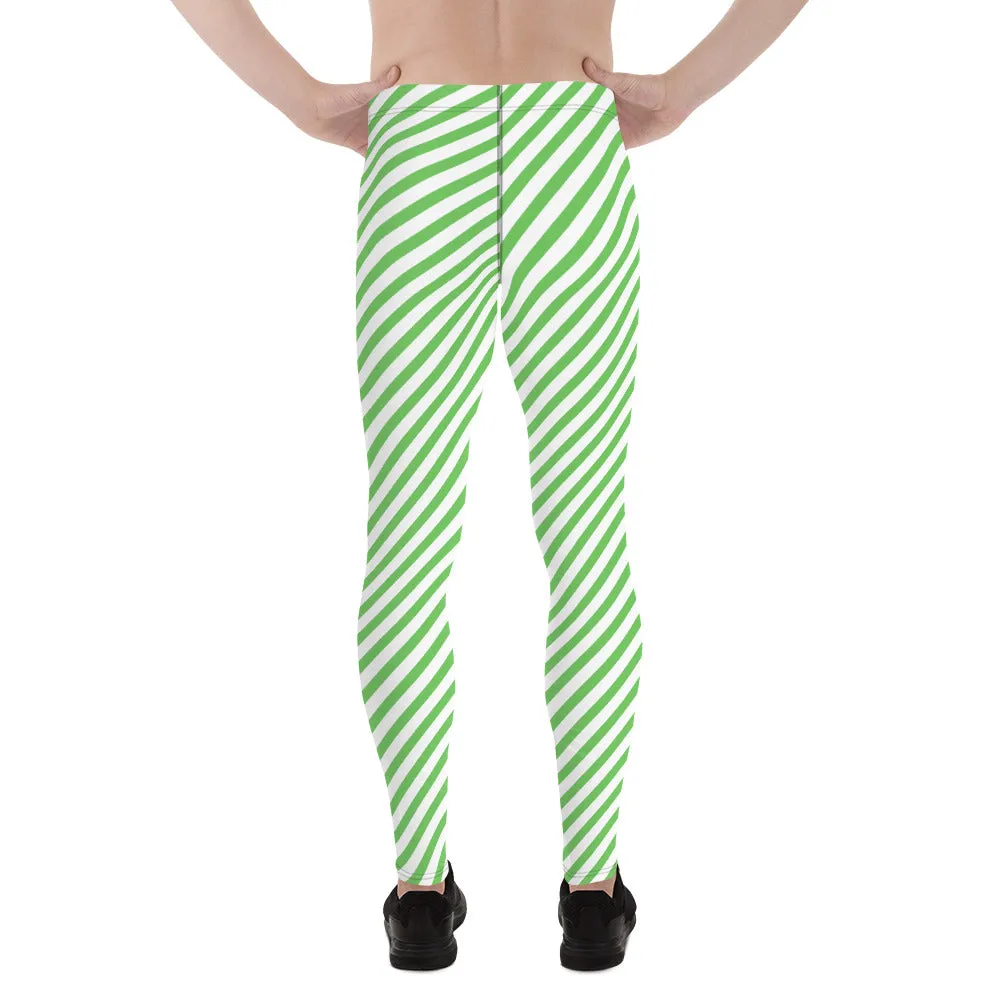 Green White Striped Meggings, Diagonal Striped Compression Tights For Men - Made in USA/EU/MX