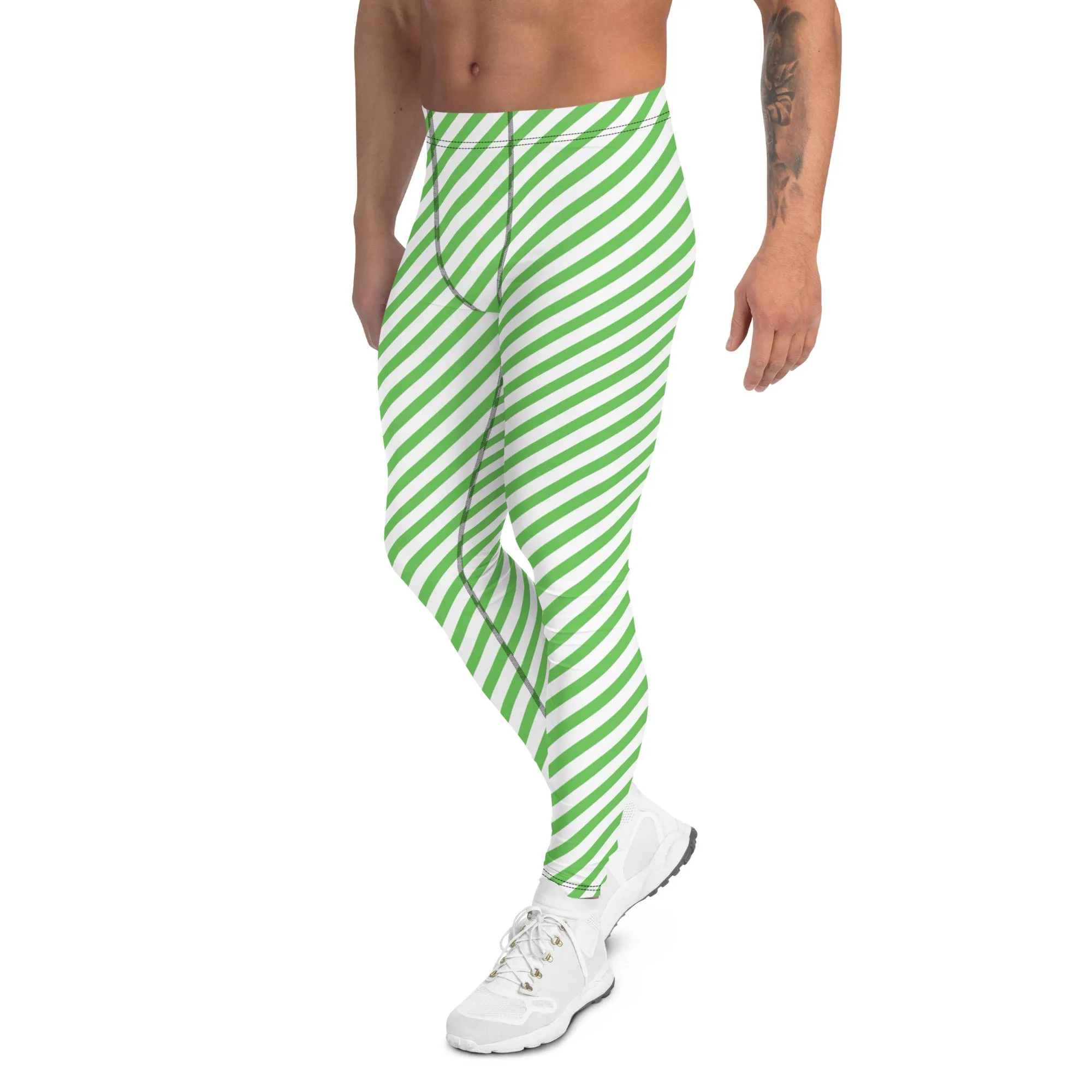 Green White Striped Meggings, Diagonal Striped Compression Tights For Men - Made in USA/EU/MX