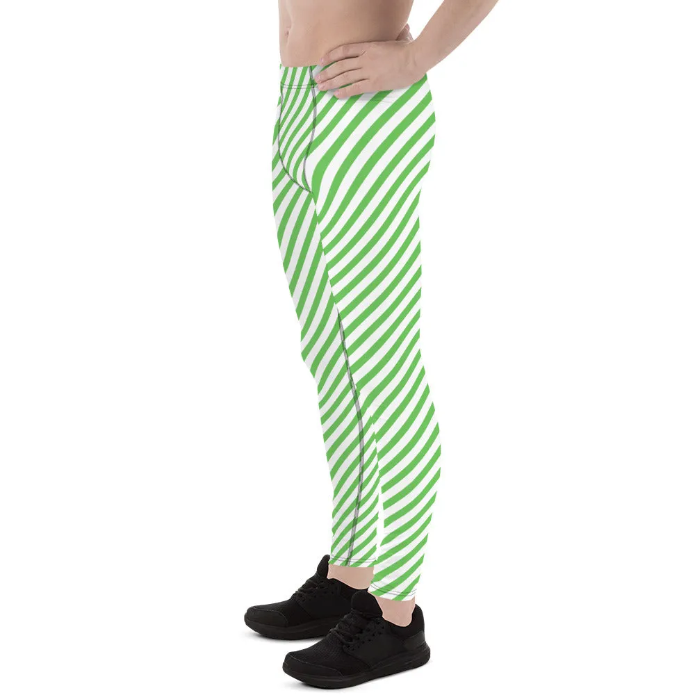 Green White Striped Meggings, Diagonal Striped Compression Tights For Men - Made in USA/EU/MX