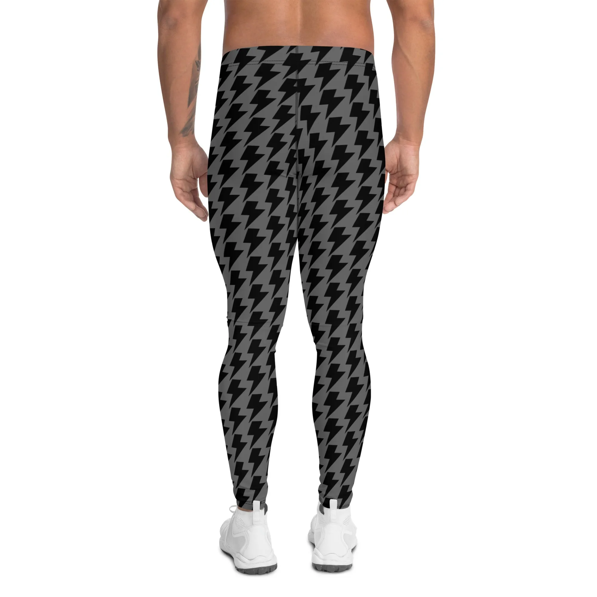 Grey Black Lightning Men's Leggings, Lightning Pattern Abstract Designer Running Compression Tights For Men - Made in USA/EU/MX