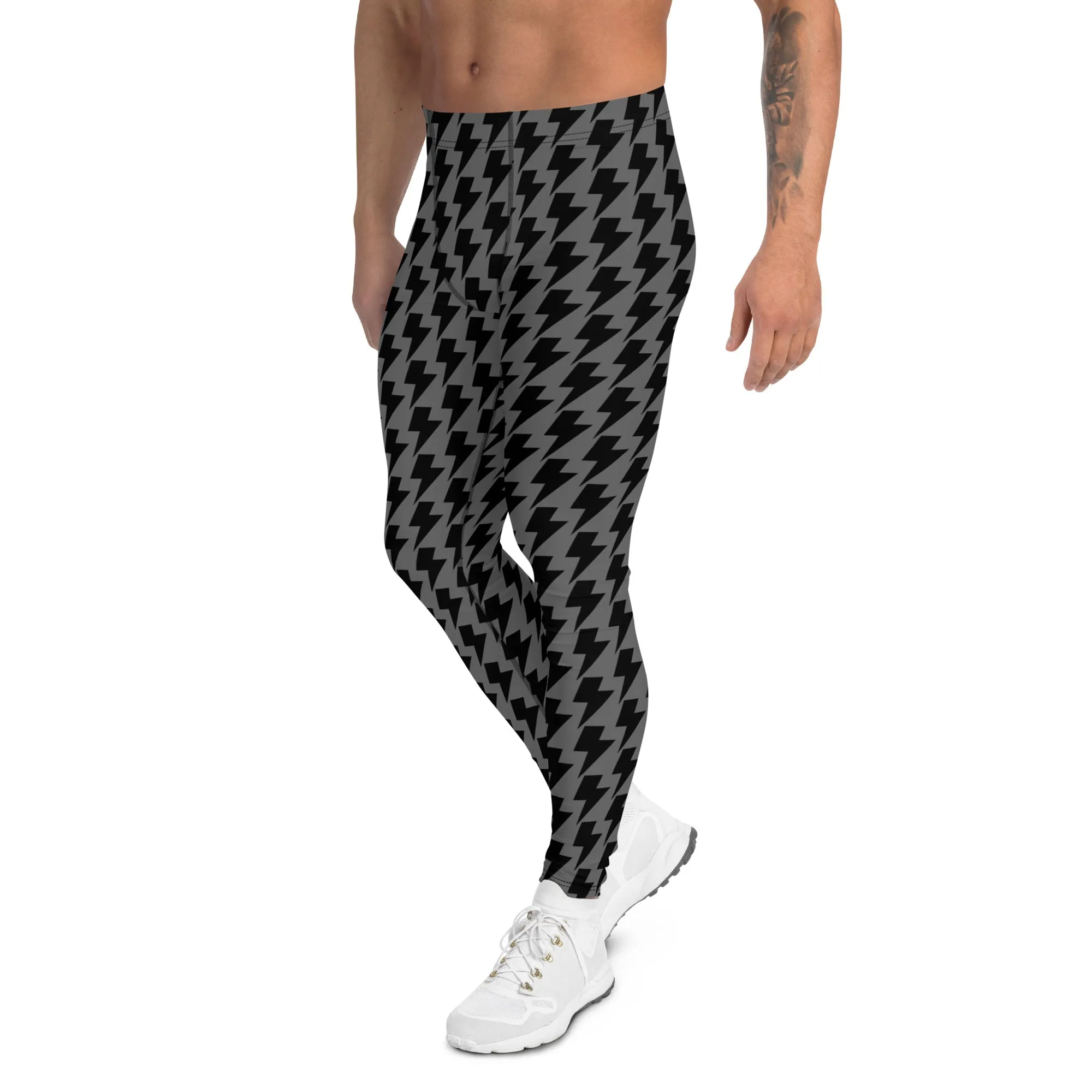 Grey Black Lightning Men's Leggings, Lightning Pattern Abstract Designer Running Compression Tights For Men - Made in USA/EU/MX