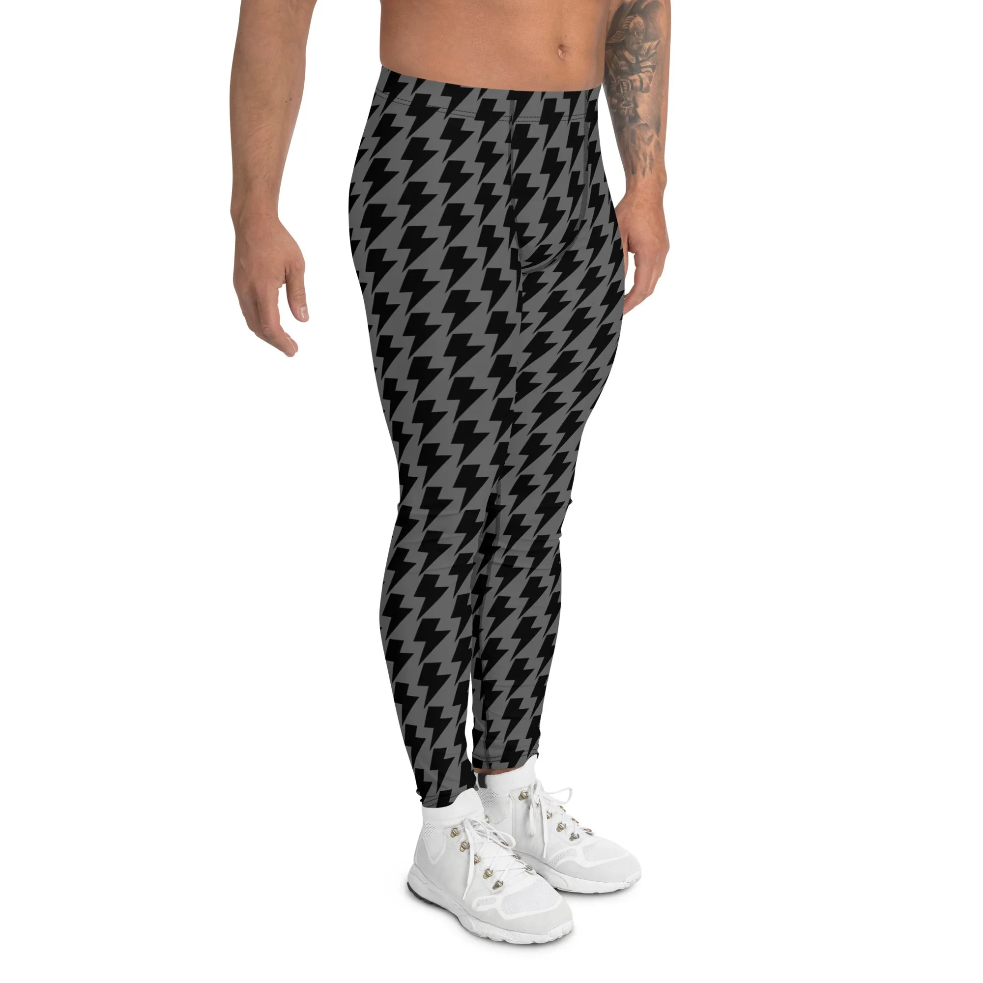 Grey Black Lightning Men's Leggings, Lightning Pattern Abstract Designer Running Compression Tights For Men - Made in USA/EU/MX