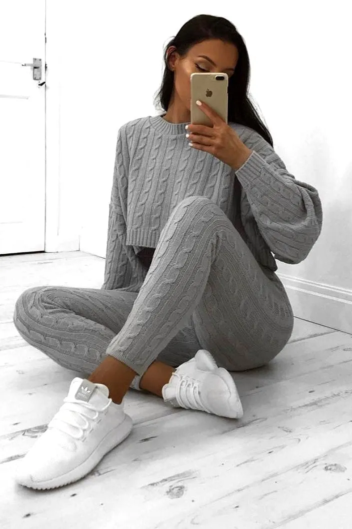 Grey Cable Knit Batwing Jumper Loungwear Set - Janea