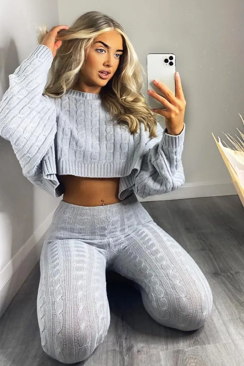 Grey Cable Knit Batwing Jumper Loungwear Set - Janea