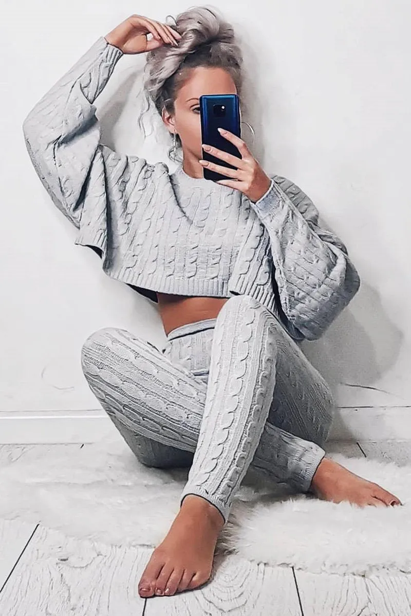 Grey Cable Knit Batwing Jumper Loungwear Set - Janea