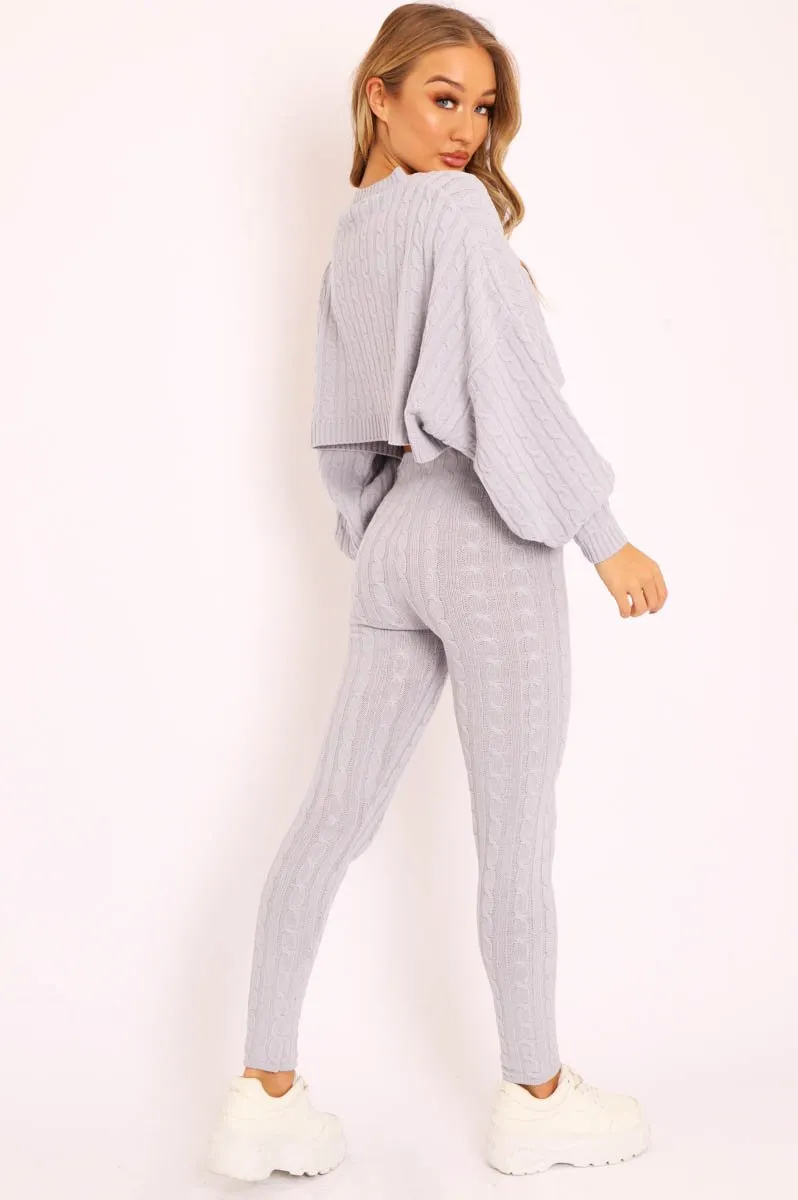 Grey Cable Knit Batwing Jumper Loungwear Set - Janea