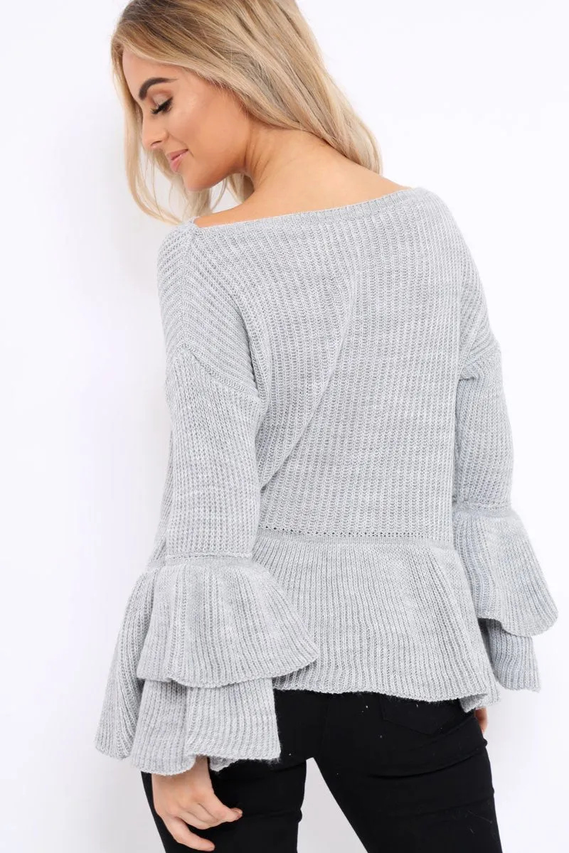 Grey Frill Hem and Sleeve Jumper - Imogen