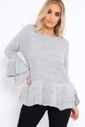 Grey Frill Hem and Sleeve Jumper - Imogen