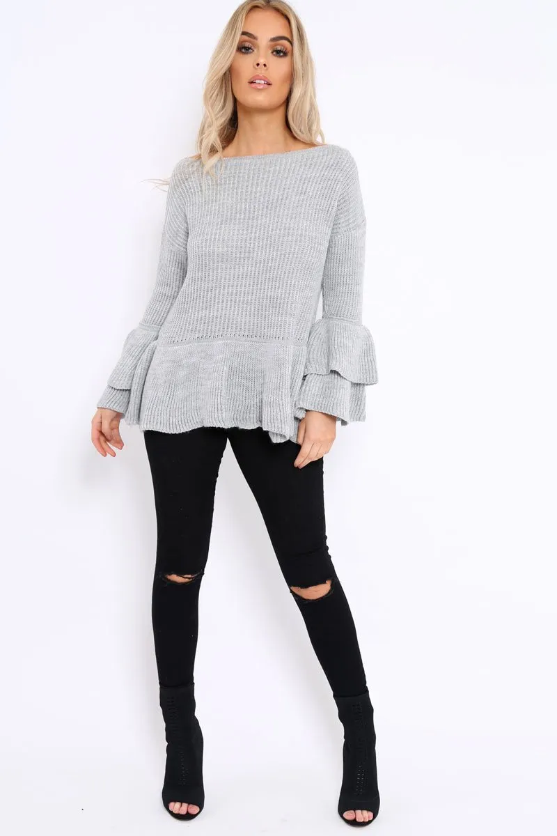 Grey Frill Hem and Sleeve Jumper - Imogen