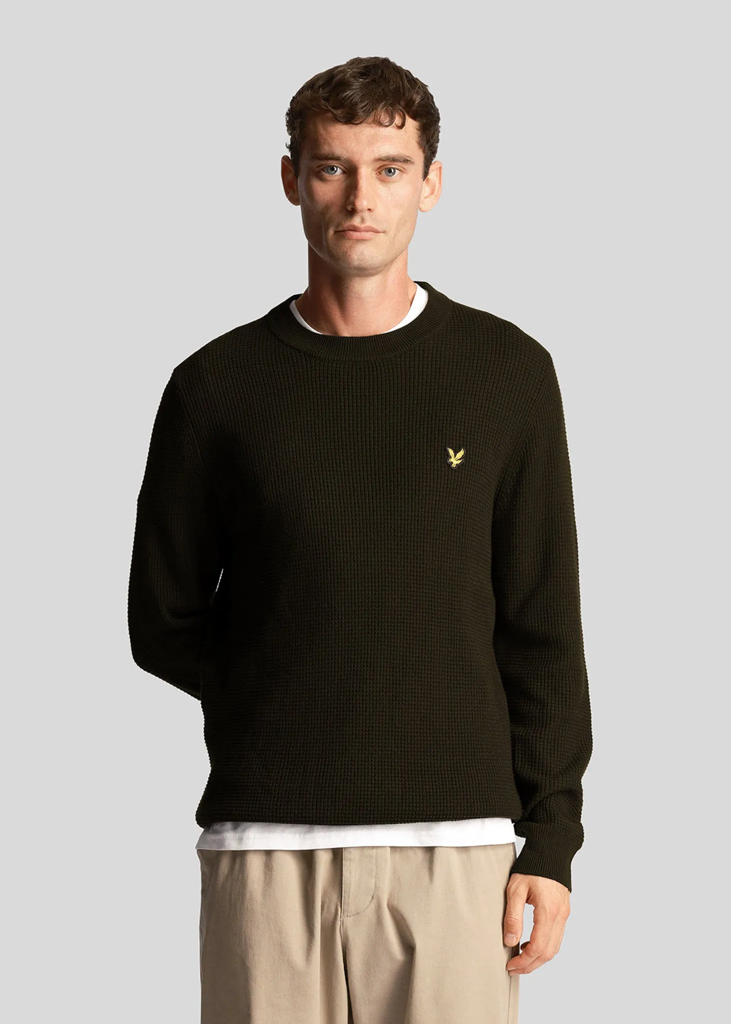 Grid knit crew neck jumper - mountain moss