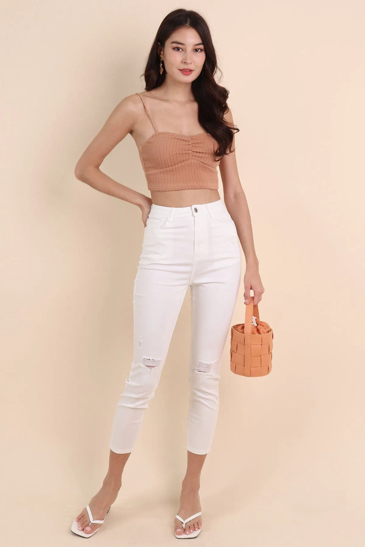 HELENA WEAVED SWEETHEART CROP TOP IN TOFFEE