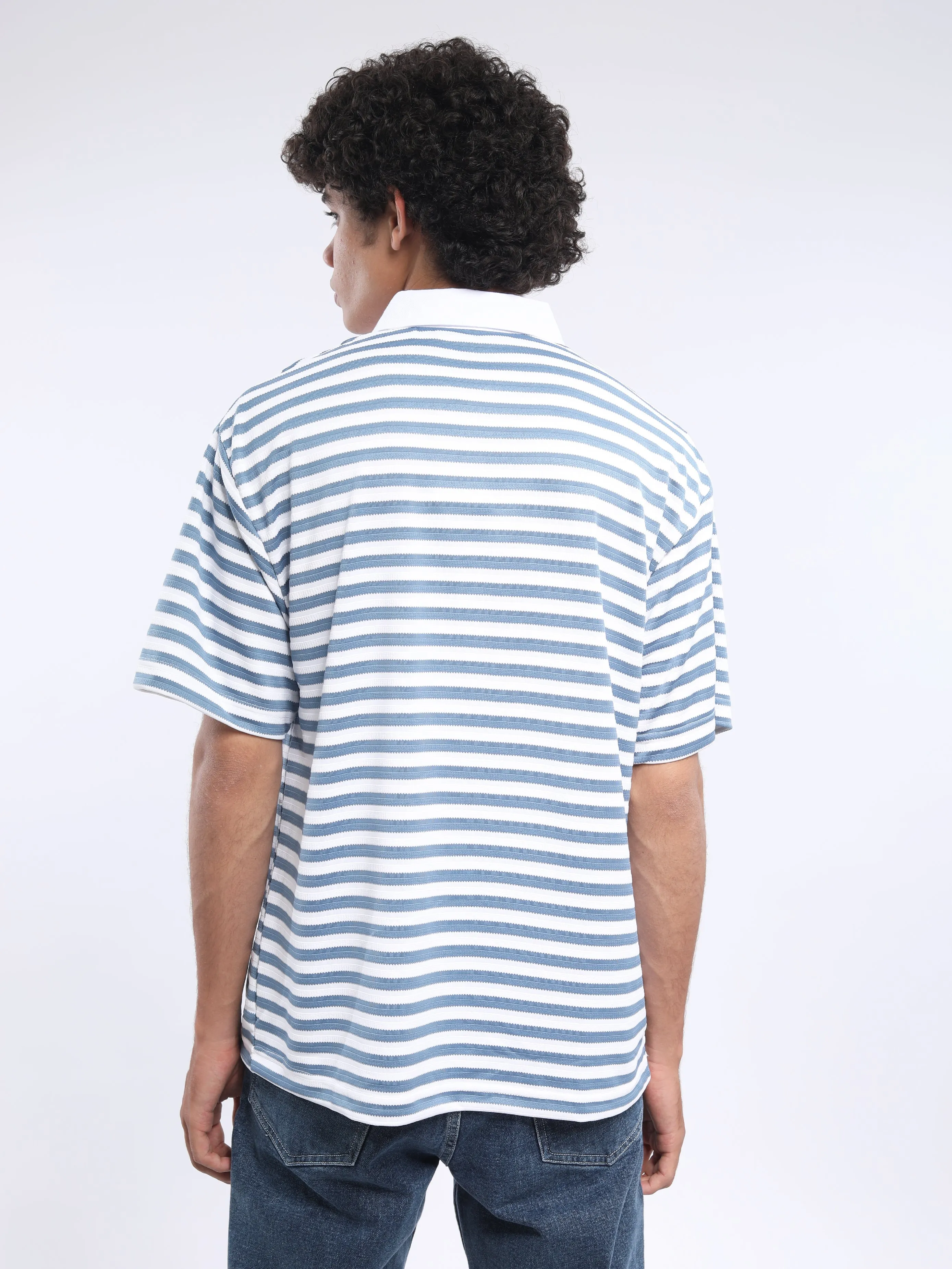 Helga - Striped Polo T-Shirt - Casper Blue