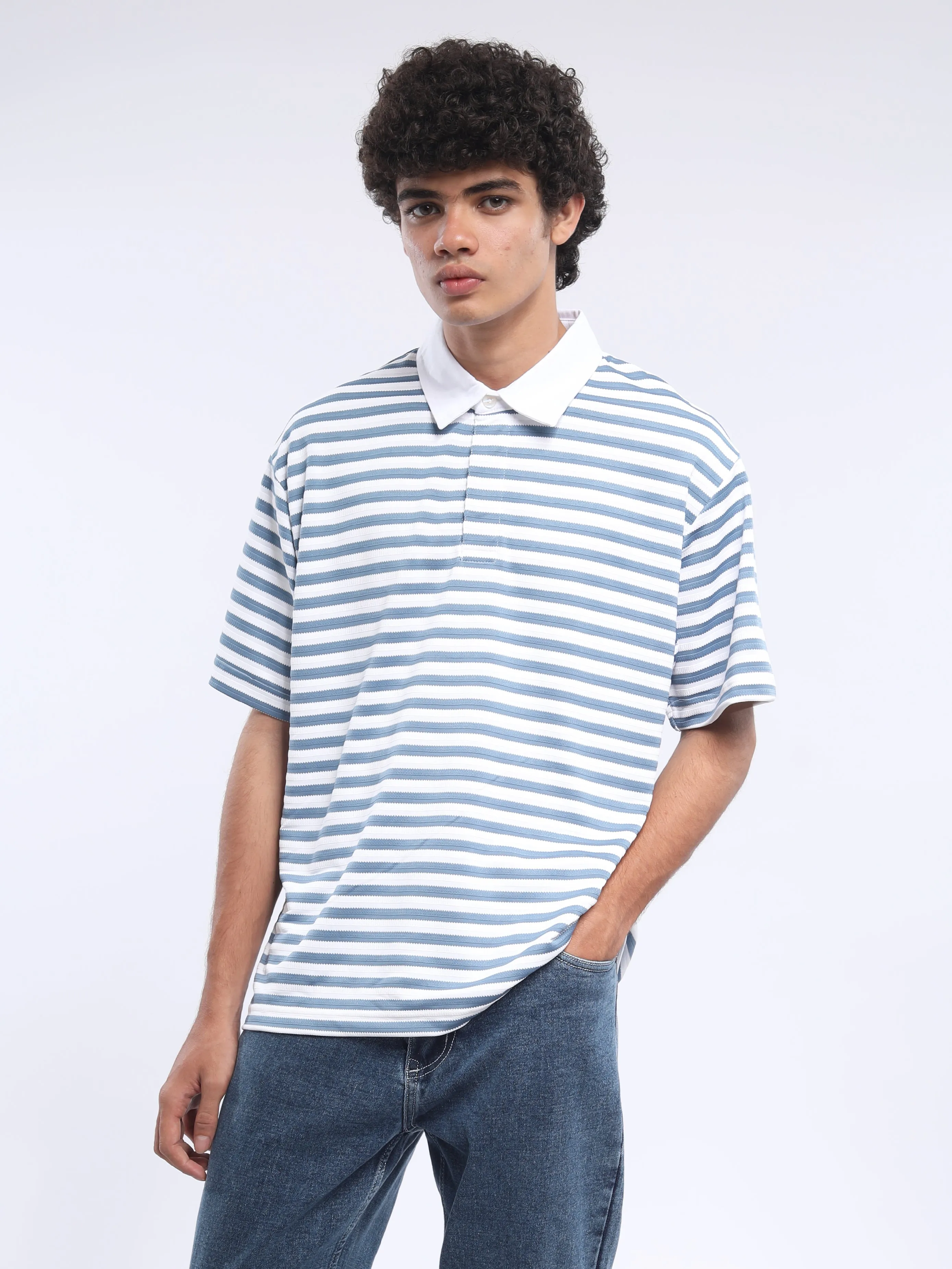 Helga - Striped Polo T-Shirt - Casper Blue