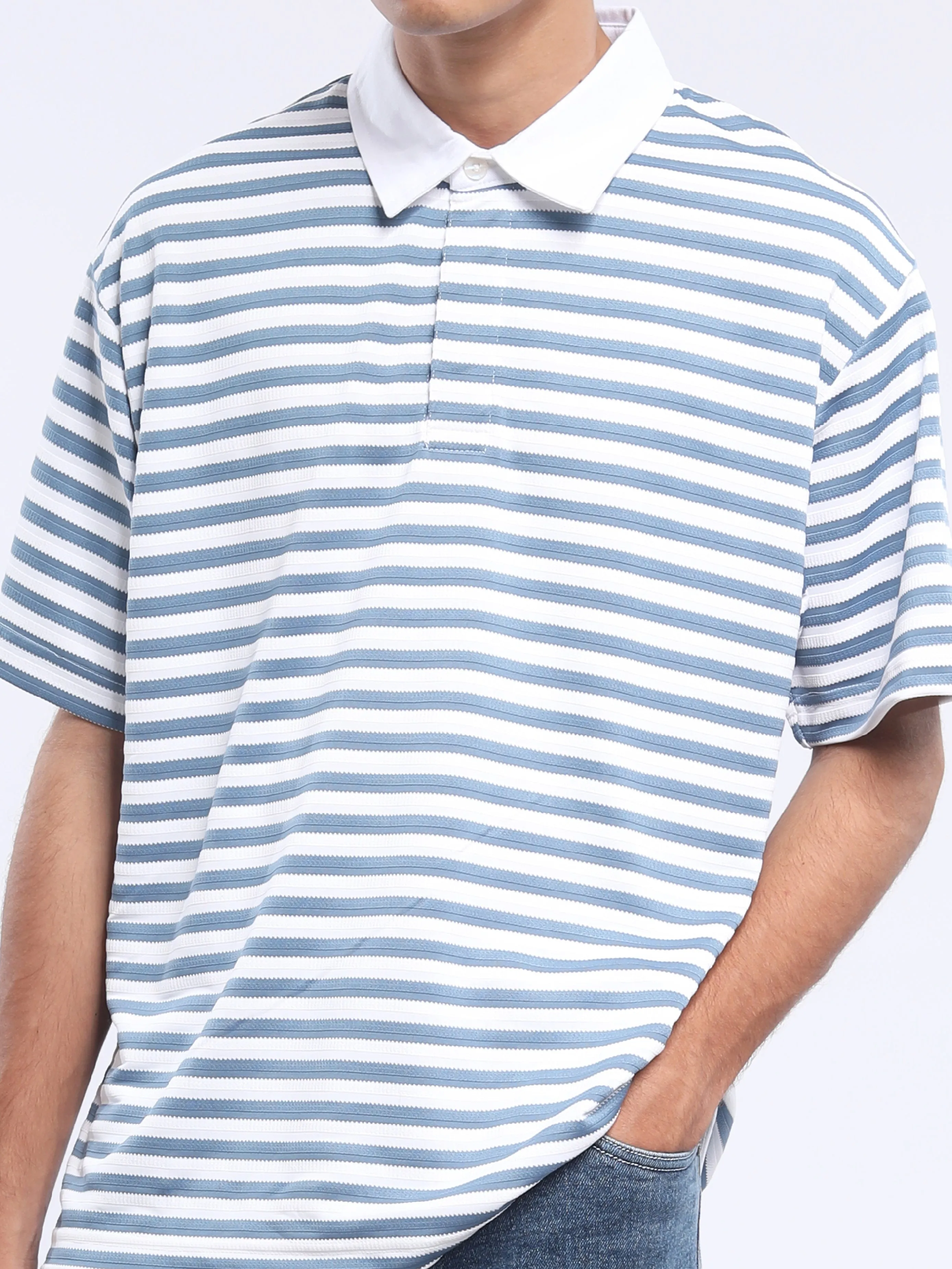 Helga - Striped Polo T-Shirt - Casper Blue