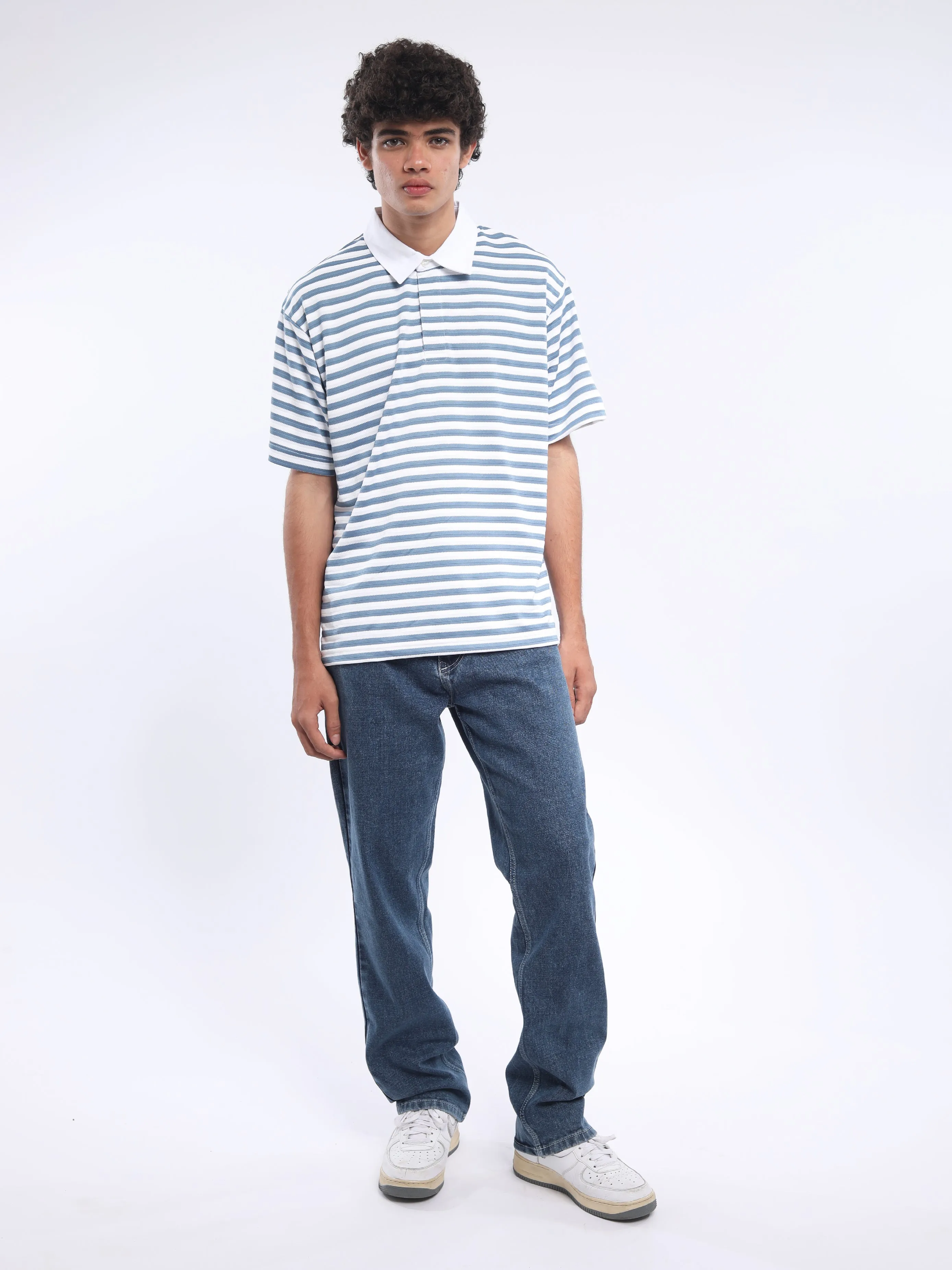 Helga - Striped Polo T-Shirt - Casper Blue