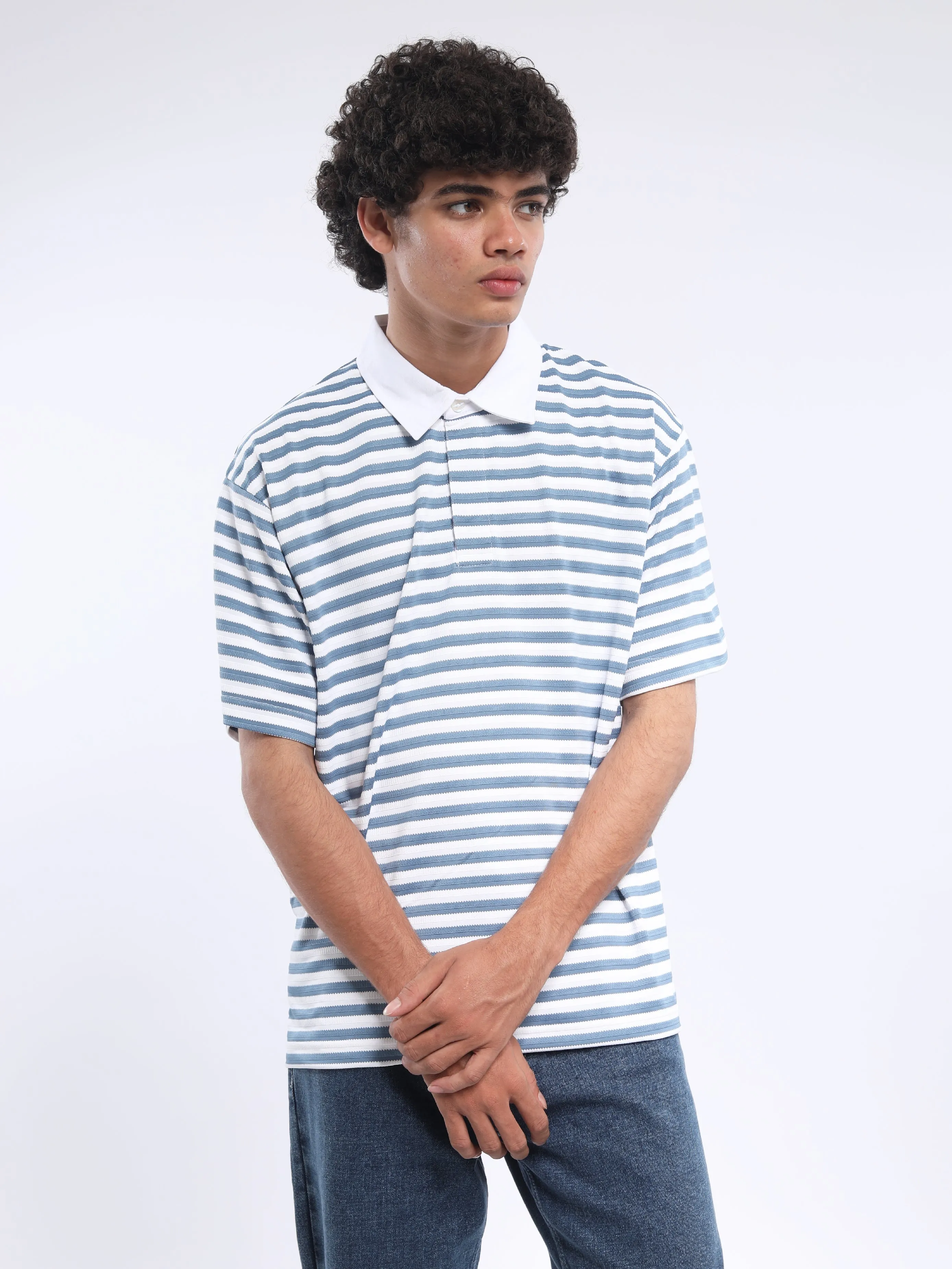 Helga - Striped Polo T-Shirt - Casper Blue