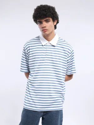 Helga - Striped Polo T-Shirt - Casper Blue