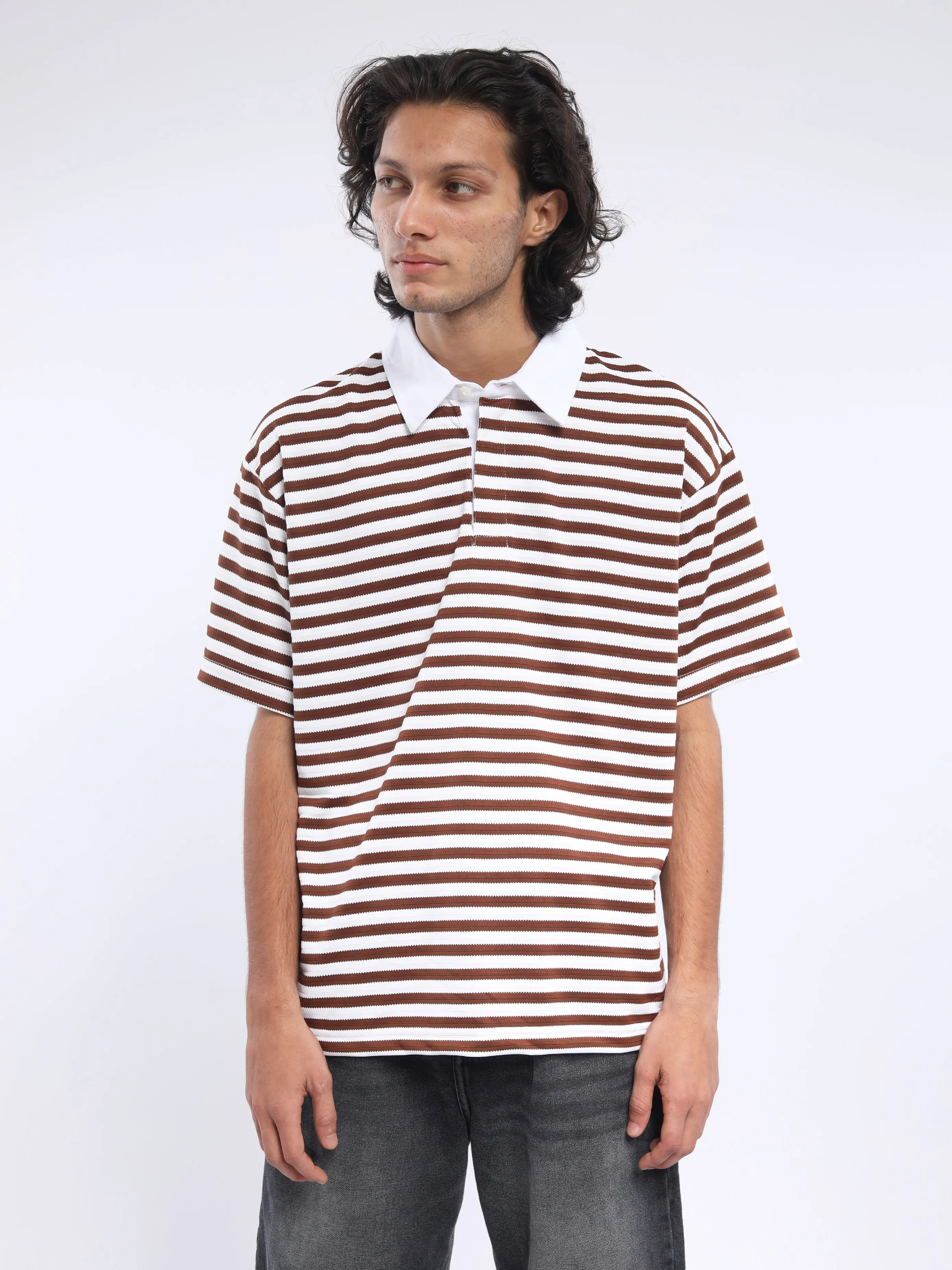 Helga - Striped Polo T-Shirt - Old Copper