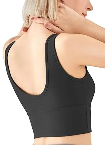 High Neck Sports Bra for Women Longline Low Back Sports Bras Medium Impact Padded Workout Crop Tops for Yoga Gym