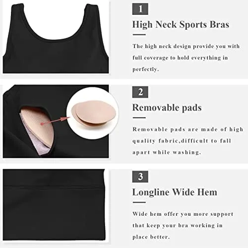 High Neck Sports Bra for Women Longline Low Back Sports Bras Medium Impact Padded Workout Crop Tops for Yoga Gym