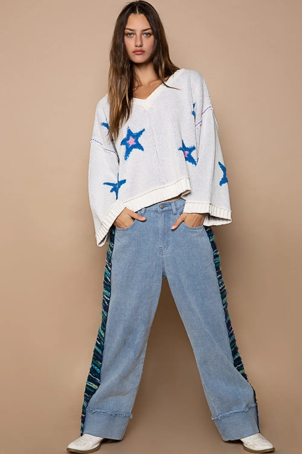 Hot Girl Contrast Stitch Star Patch Sweater In White