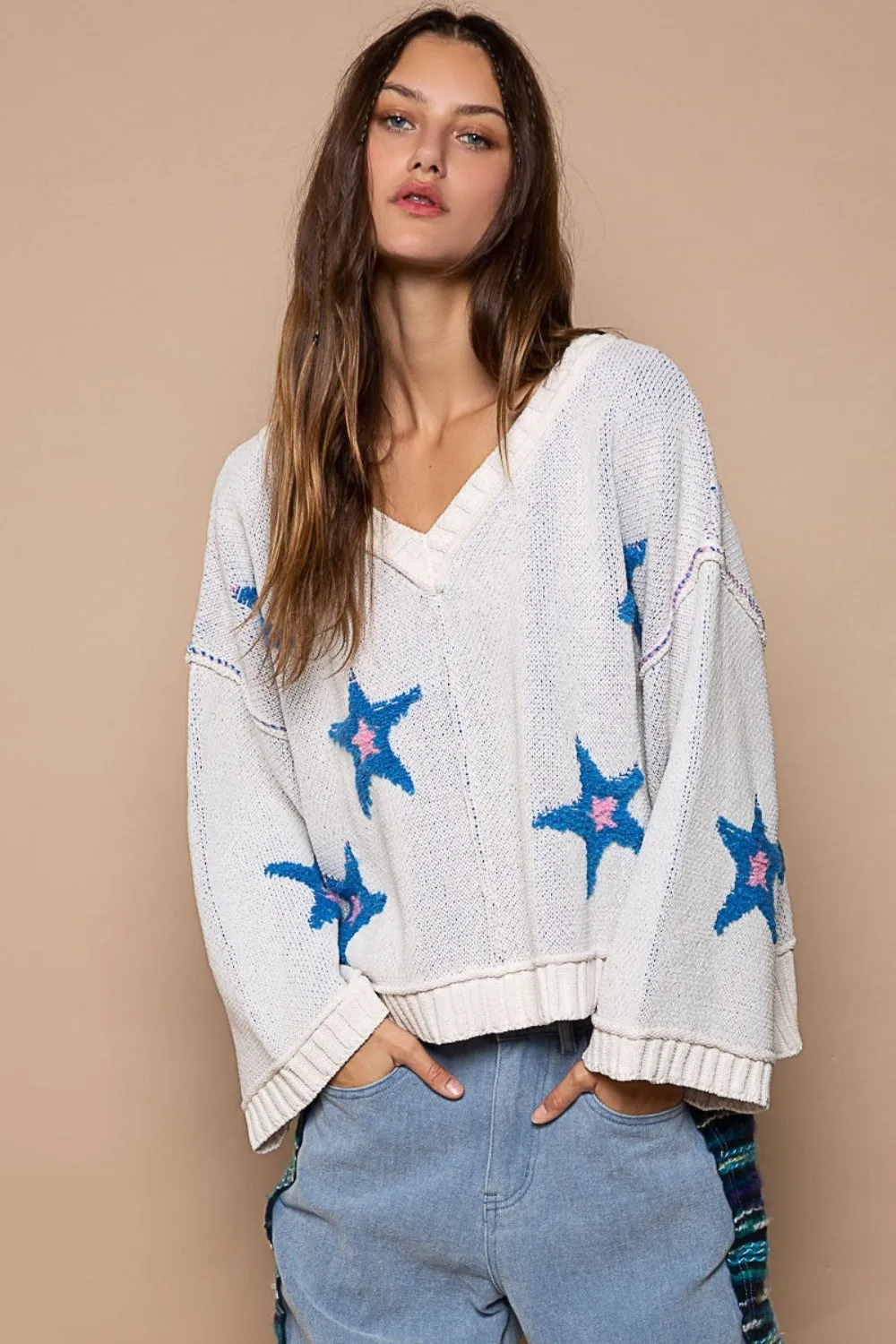 Hot Girl Contrast Stitch Star Patch Sweater In White