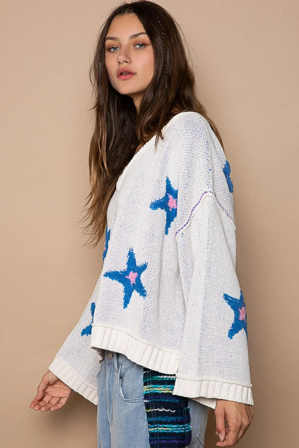 Hot Girl Contrast Stitch Star Patch Sweater In White