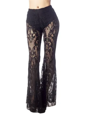 iB-iP Women's Eyelet Lace Crochet Pants Slim Fit And Flare Wide Leg Trouser